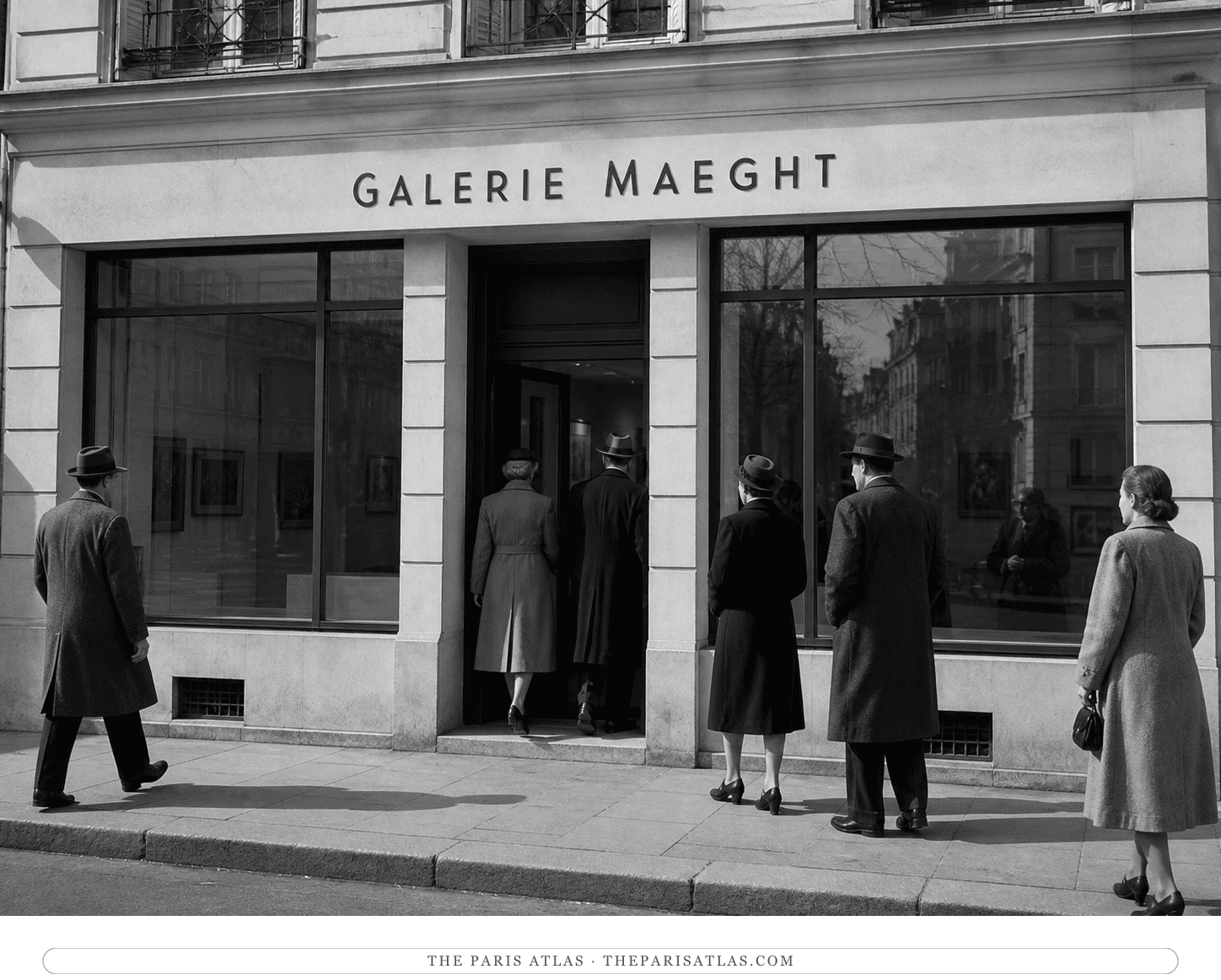 Black-and-white reconstruction of visitors entering Galerie Maeght around 1946