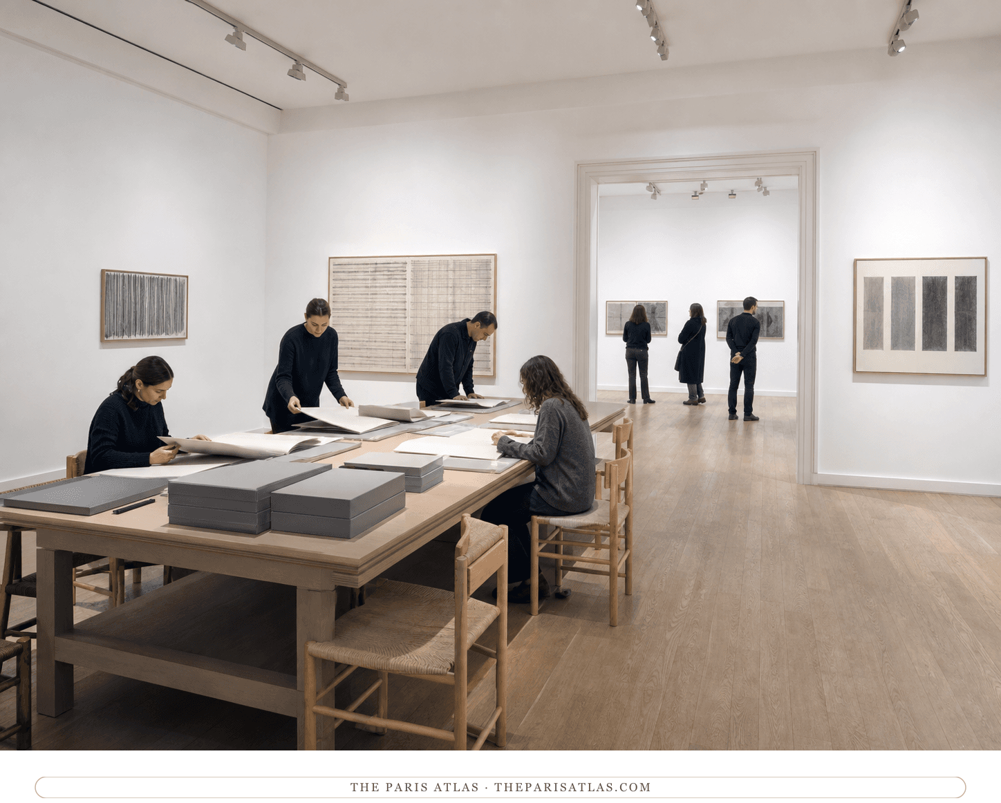 Staff handling neutral portfolios in a bright present-day editions room