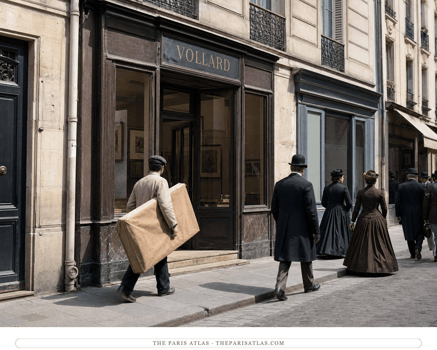 Natural-color reconstruction of anonymous visitors and a porter outside Galerie Vollard around 1896