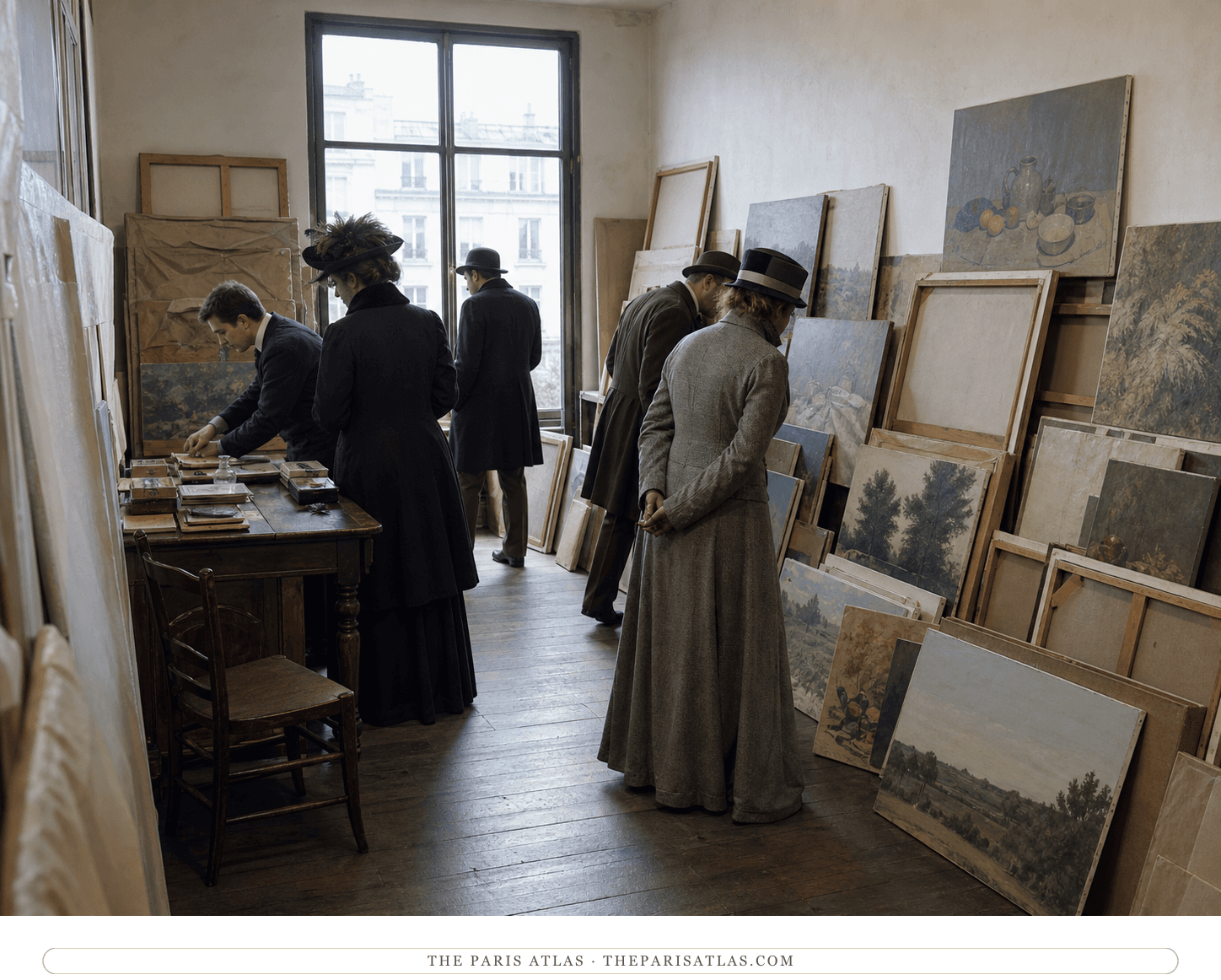 Natural-color reconstruction of visitors among stacked unframed canvases in Vollard's gallery around 1900