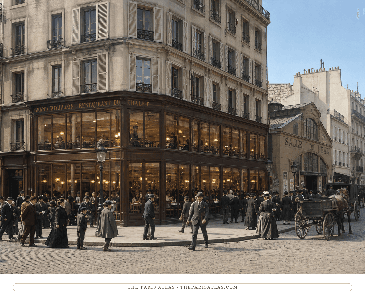 Natural-color reconstruction of the busy Grand Bouillon-Restaurant du Chalet in 1887