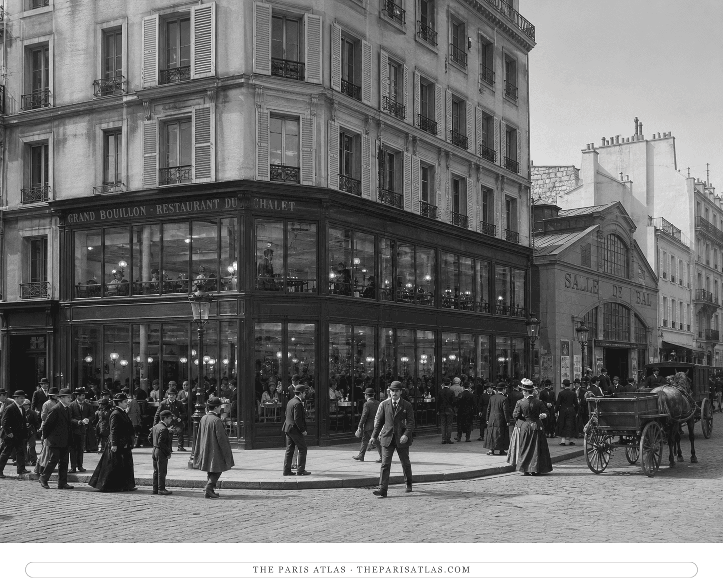 Black-and-white reconstruction of the Grand Bouillon-Restaurant du Chalet circa 1887