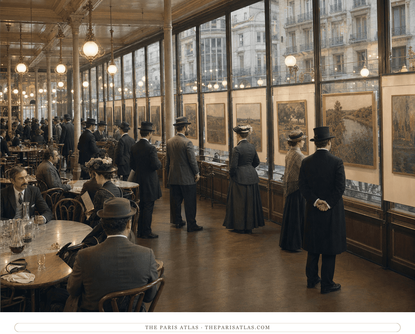 Anonymous visitors viewing unidentifiable color studies in the Grand Bouillon hall in late 1887