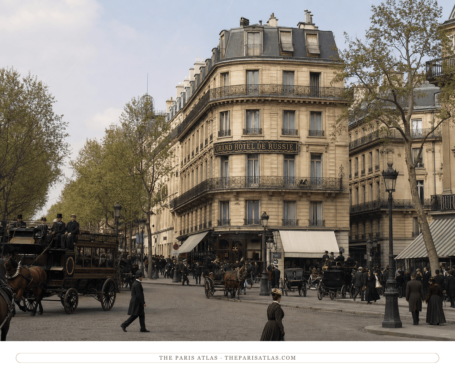 Natural-color reconstruction of the Grand Hôtel de Russie and boulevard traffic circa 1897
