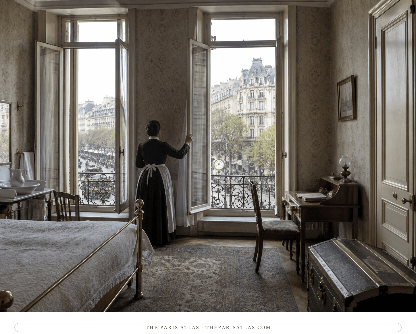 Reconstruction of an anonymous hotel maid opening the boulevard windows of a guest room circa 1897