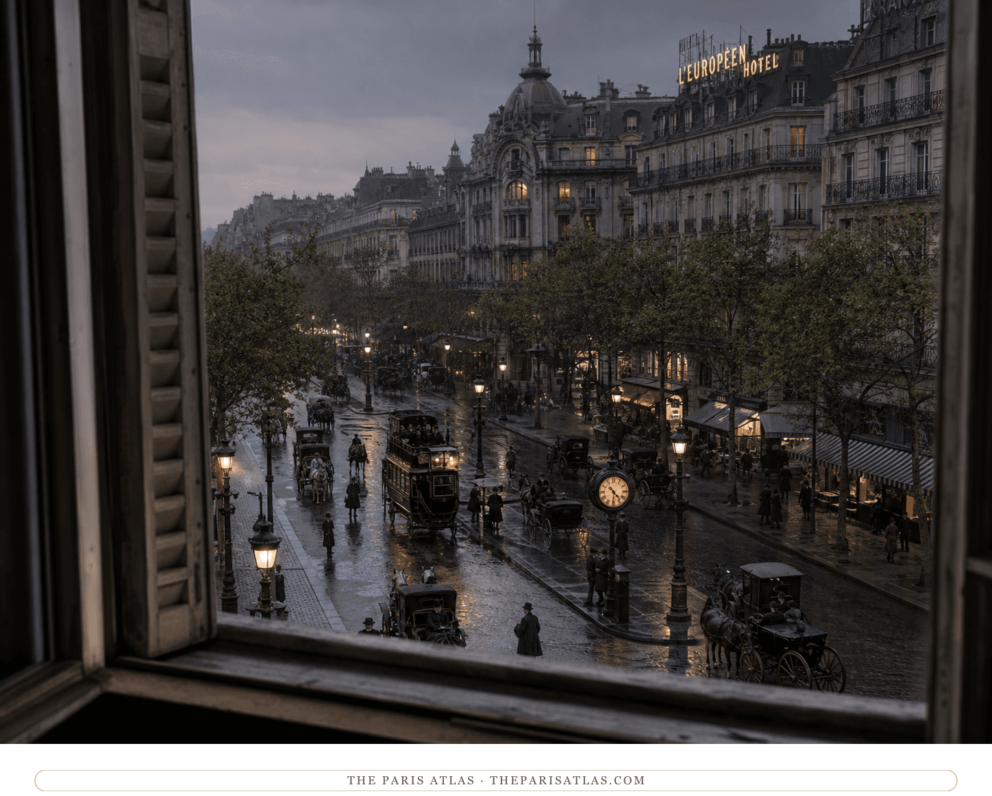 Wet evening traffic on the Grands Boulevards viewed from a hotel window in 1897