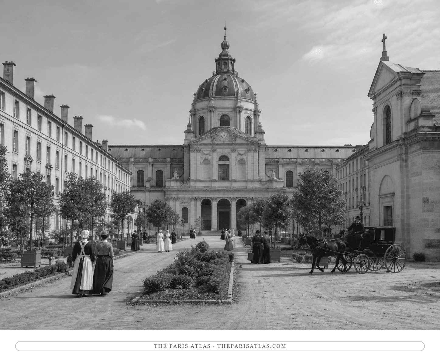 Black-and-white reconstruction of the Salpêtrière chapel courtyard around 1885