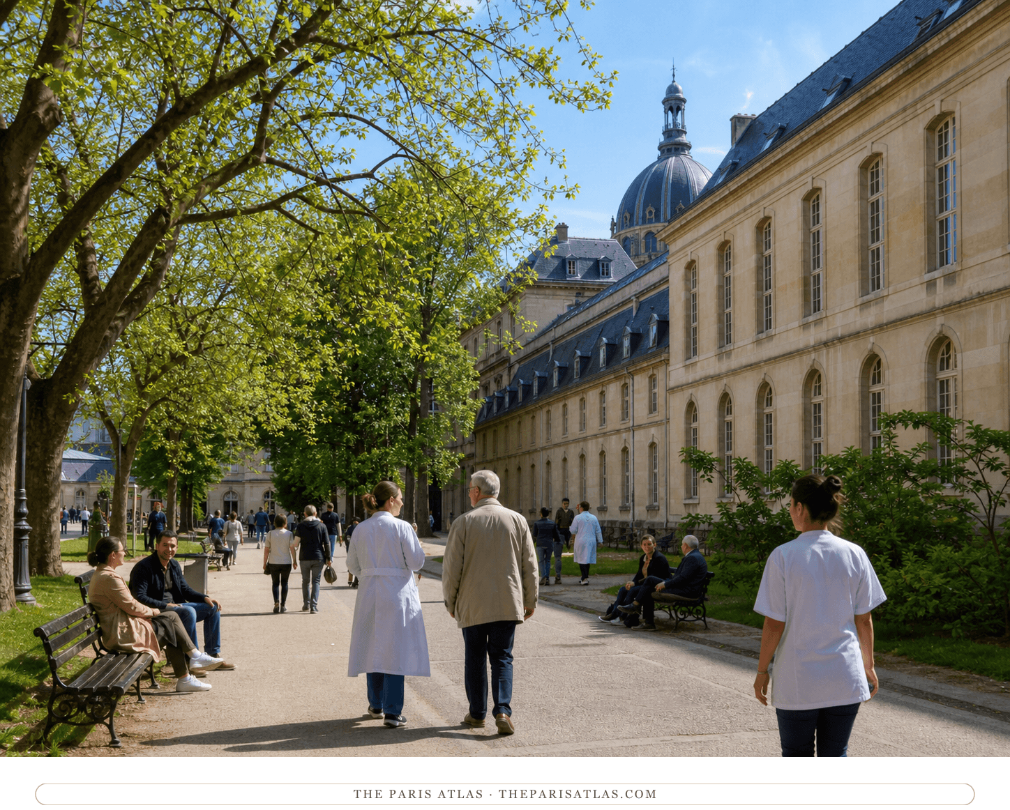 Hospital staff and visitors on the tree-lined historic grounds of the Salpêtrière
