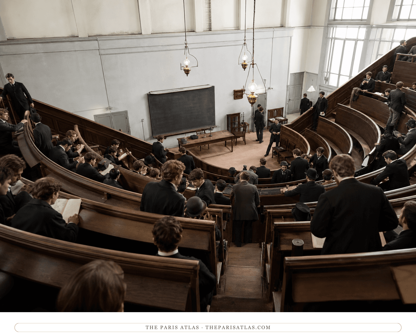 Natural-color reconstruction of students gathering in a Salpêtrière lecture hall around 1885