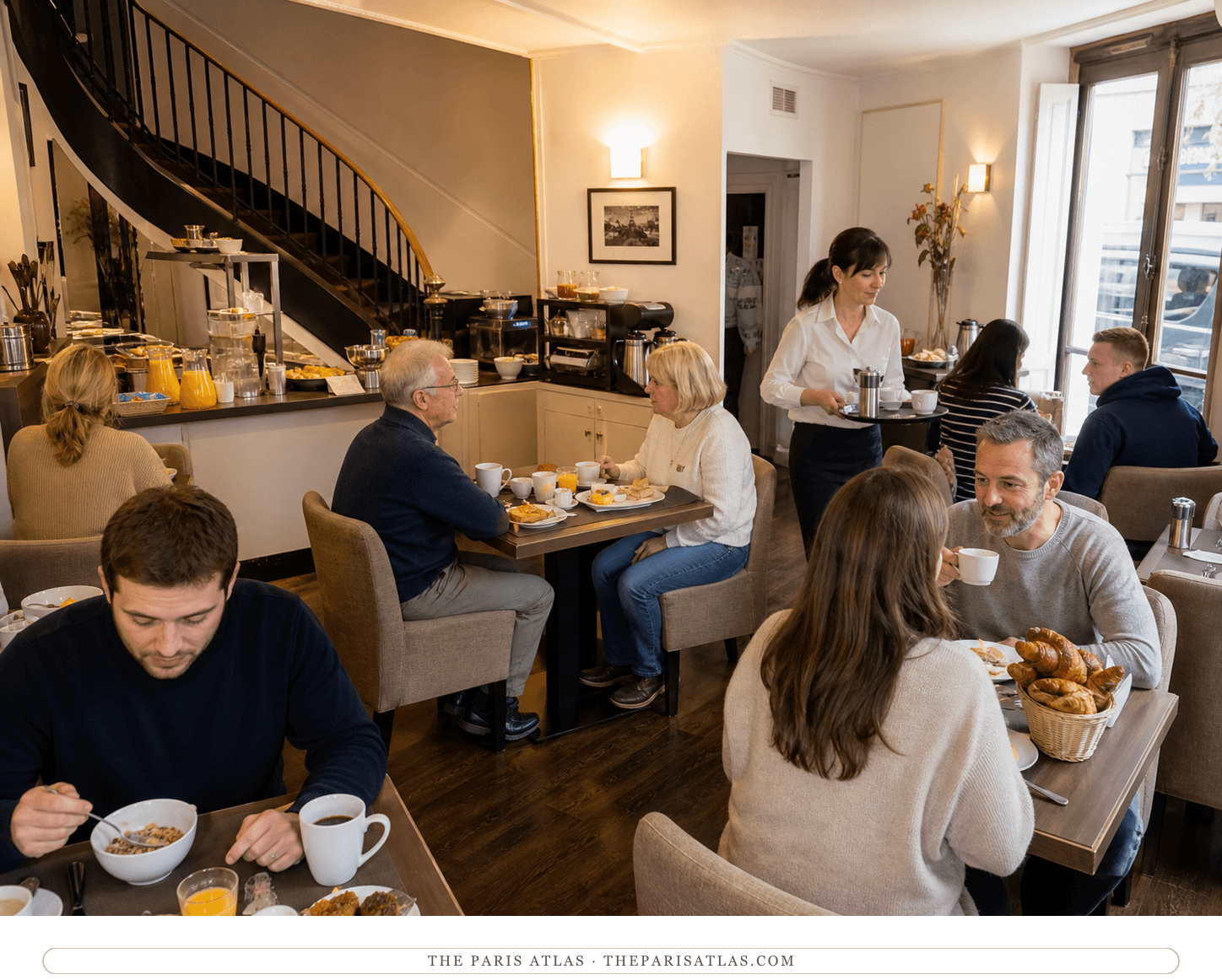 Guests and a server in the cozy Central Hotel Paris breakfast room