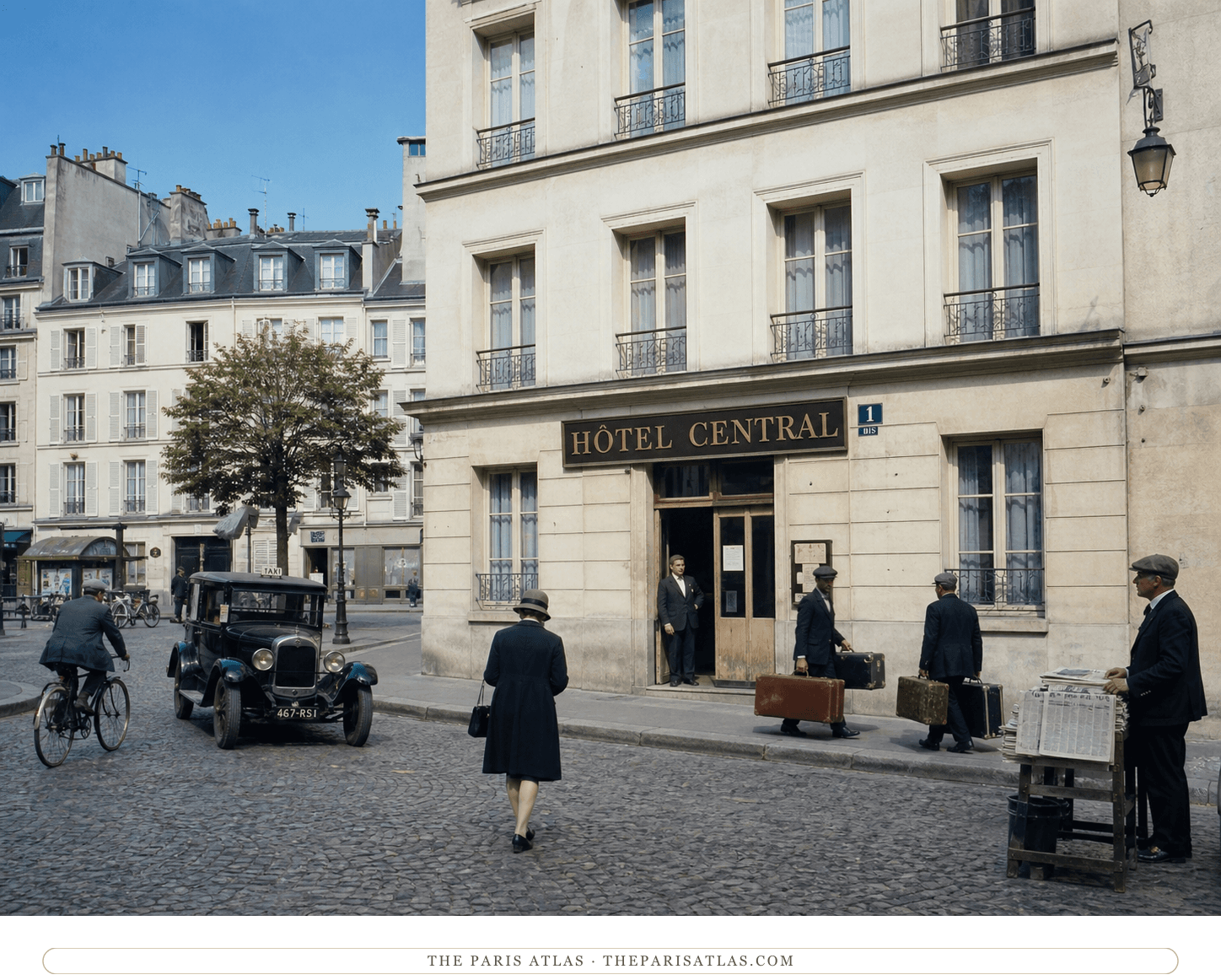 Color reconstruction of Hôtel Central, its guests and Montparnasse street traffic in 1931