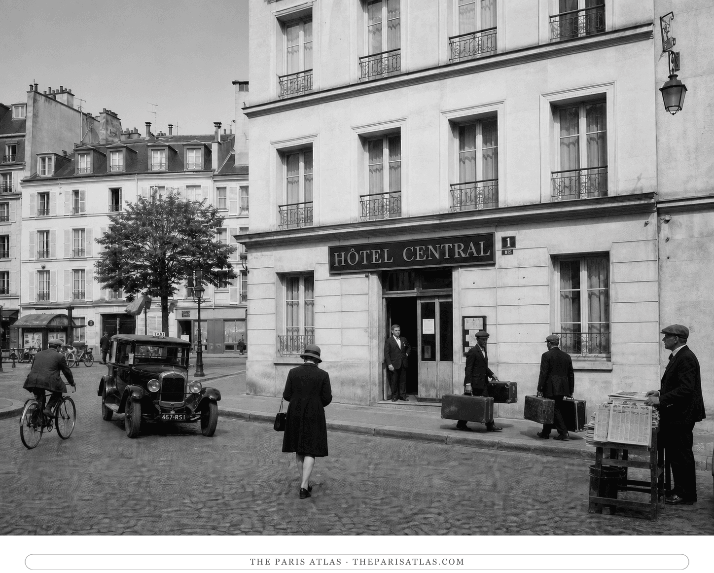 Black-and-white reconstruction of ordinary arrivals at Hôtel Central in 1931