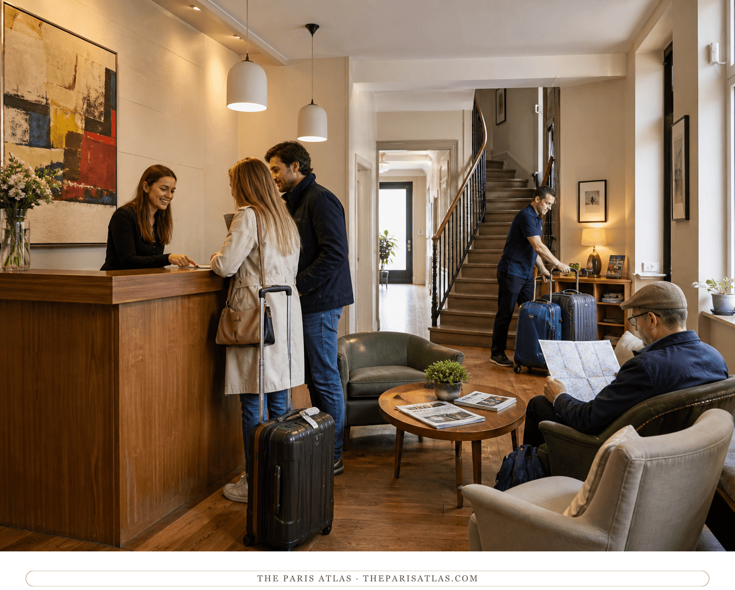 Guests checking in at the warm wood reception of Central Hotel Paris