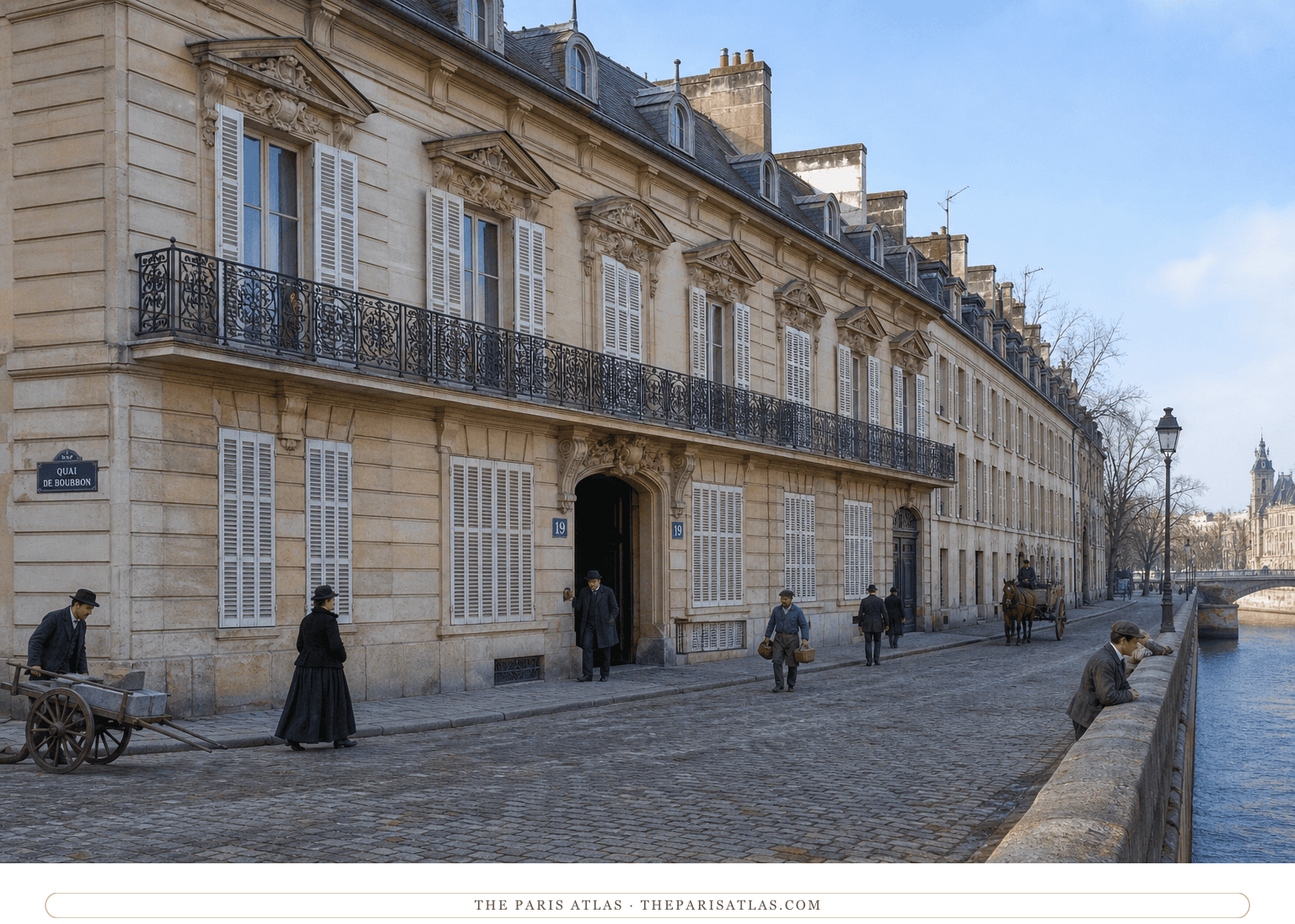 Natural-color reconstruction of residents and tradespeople outside 19 quai de Bourbon around 1905