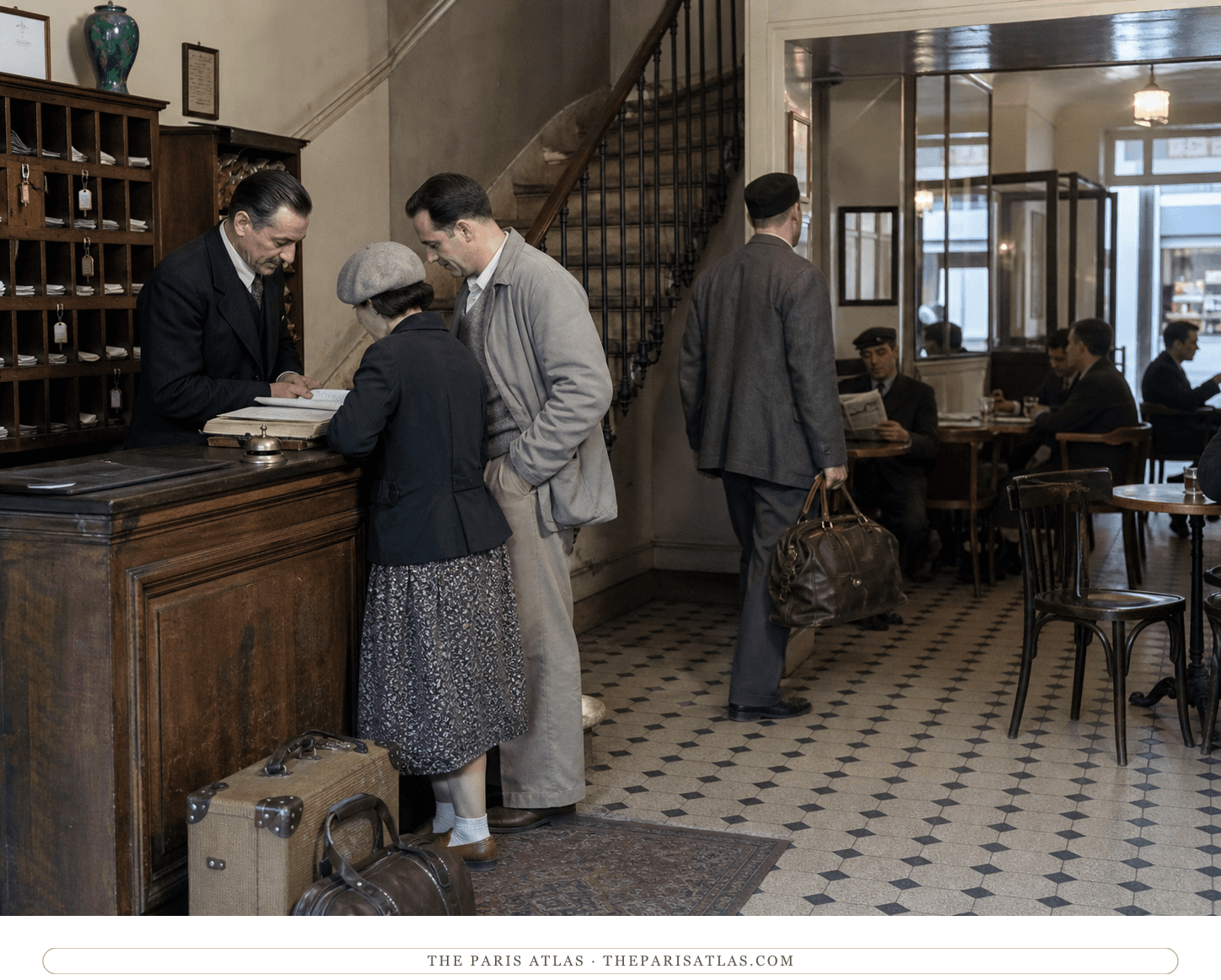 Anonymous travelers in the reconstructed Hôtel des États-Unis lobby circa 1930