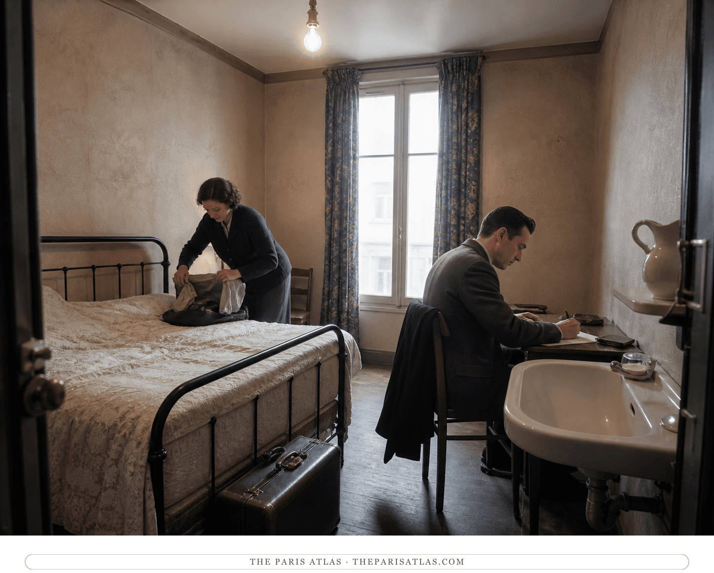 Anonymous travelers in a reconstructed Hôtel des États-Unis room circa 1930