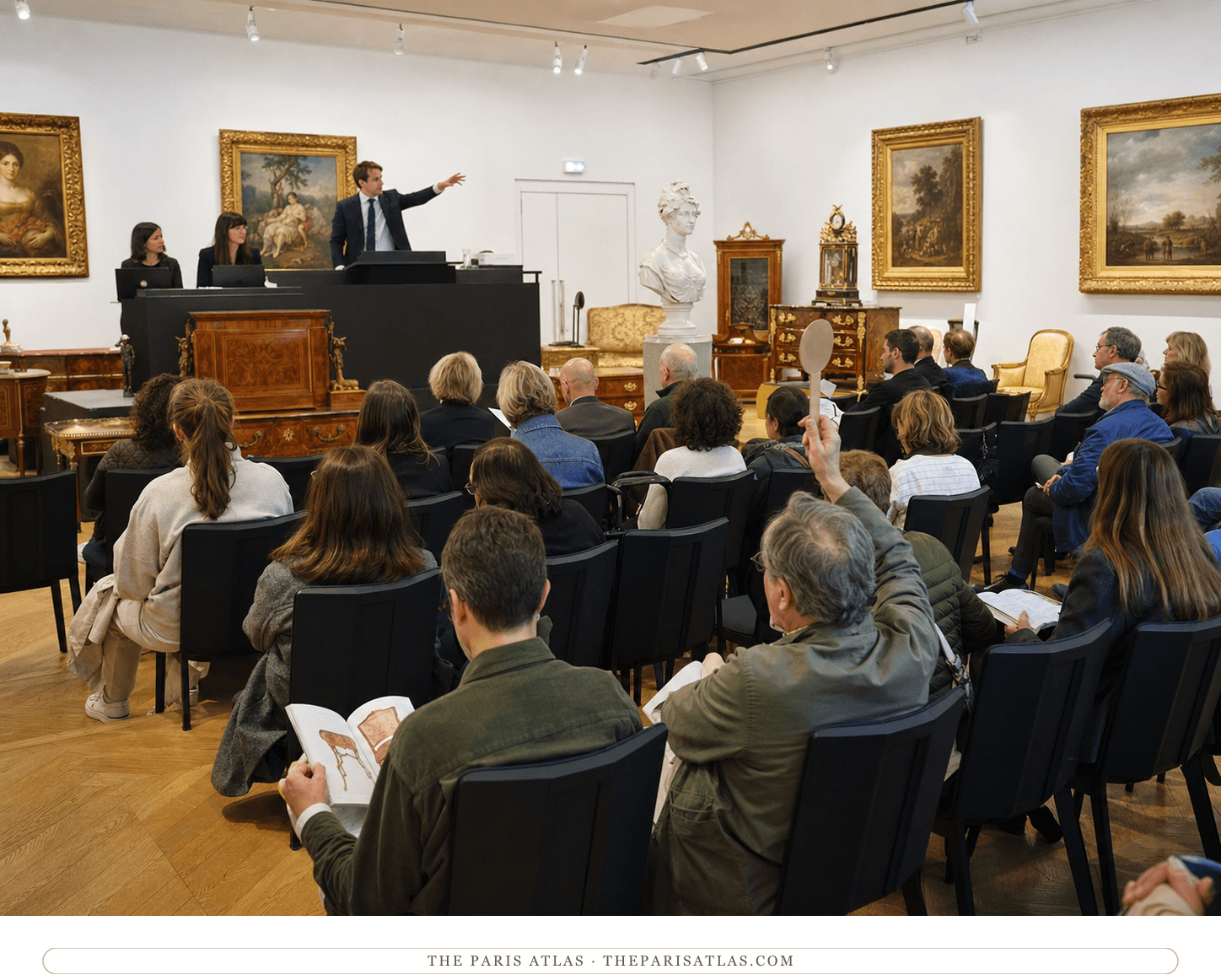 Bidders attending a present-day public sale in an Hôtel Drouot auction room