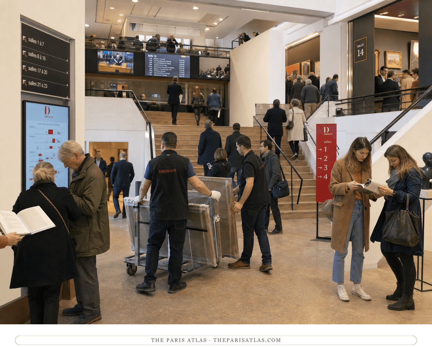 Visitors and art handlers moving through the busy multi-level public hall at Hôtel Drouot