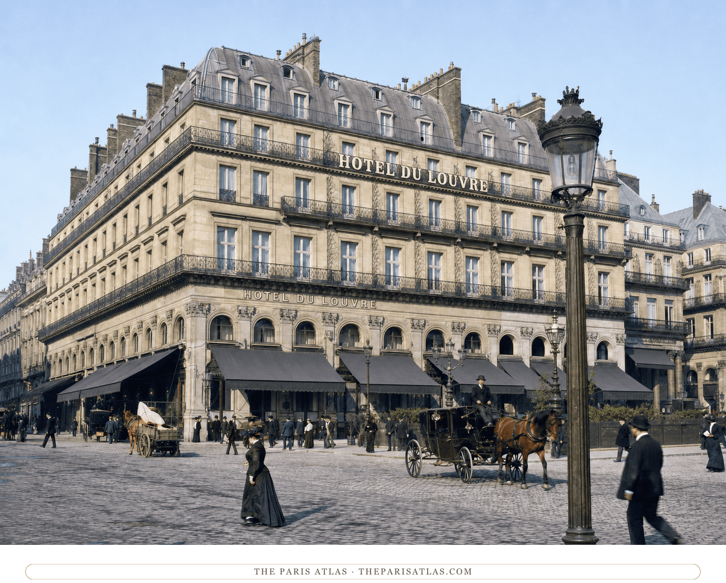 Color reconstruction of fiacres, pedestrians and hotel activity outside the Hôtel du Louvre around 1898