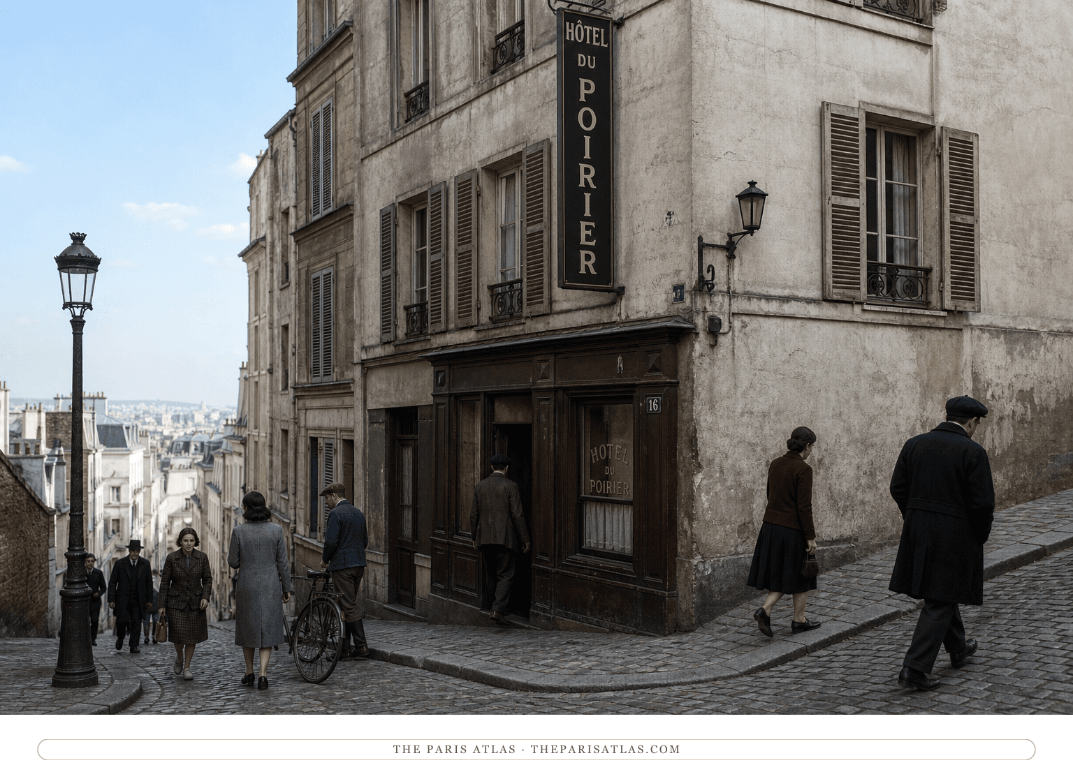Natural-color reconstruction of civilians outside the Hôtel du Poirier in 1940