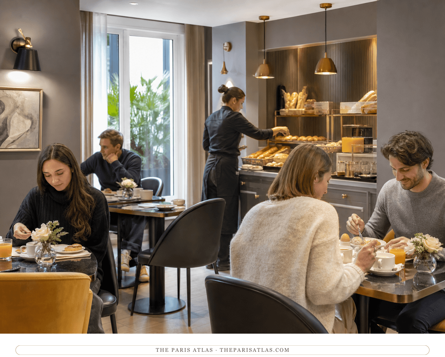 Invented guests having breakfast at Hôtel Lenox Montparnasse