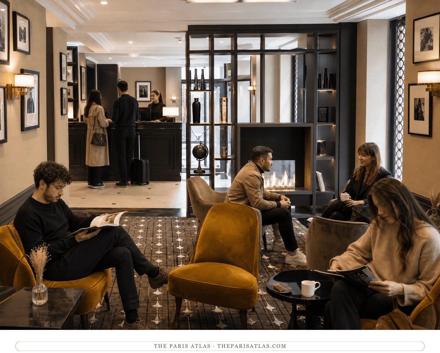 Invented guests in the present-day Hôtel Lenox Montparnasse lobby