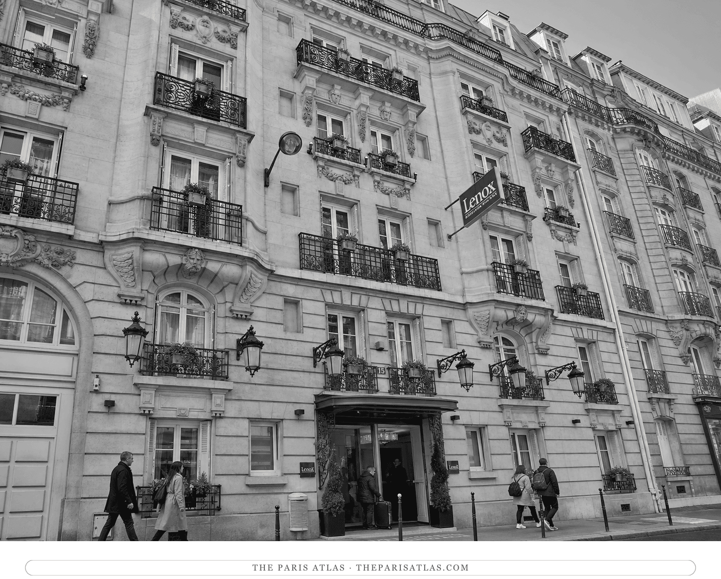 Black-and-white present-day view of Hôtel Lenox Montparnasse