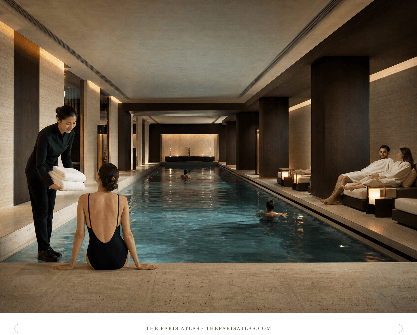 Swimmers and an attendant around the travertine pool in the Hôtel Costes spa