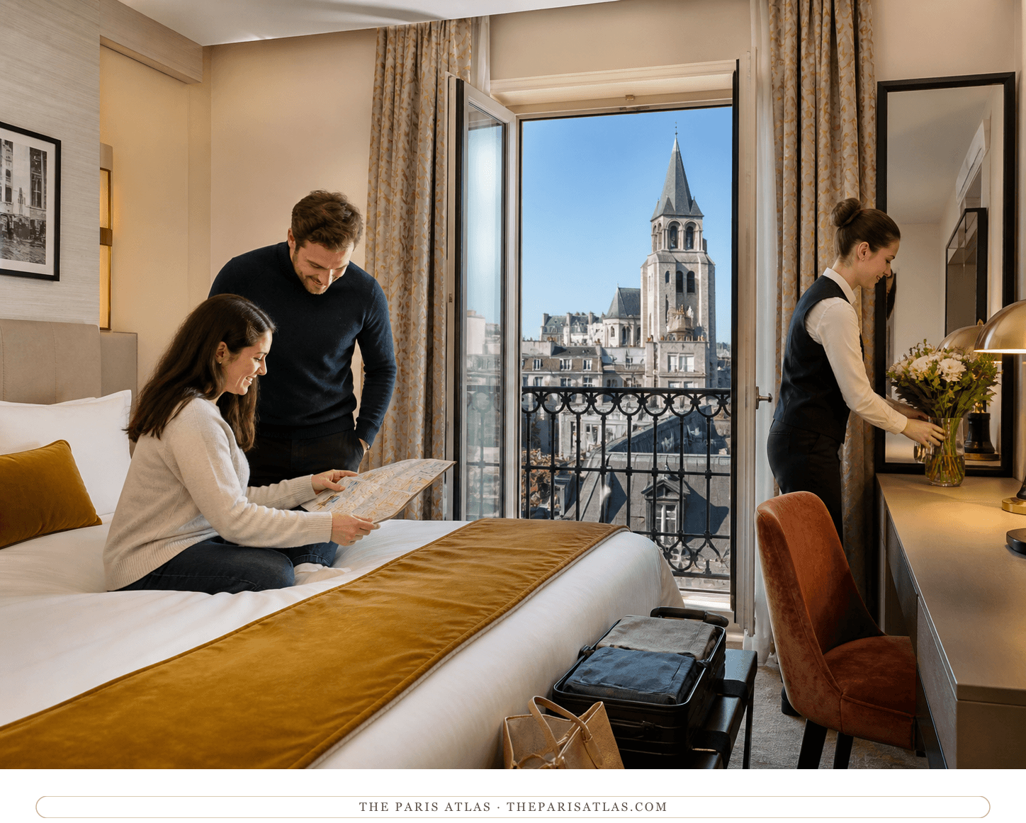 Guests in a renovated Hôtel Madison room overlooking Saint-Germain-des-Prés church