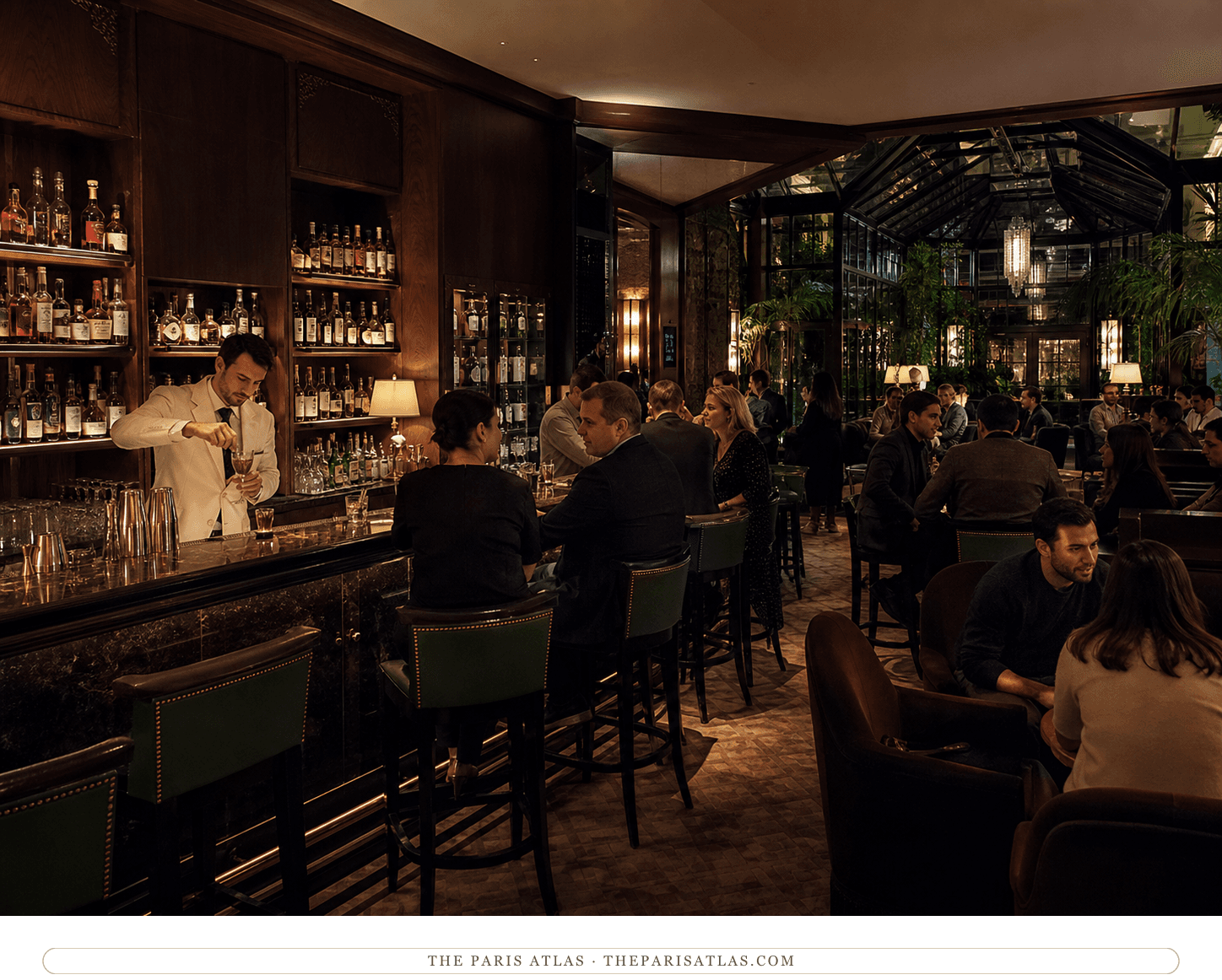 A bartender serving guests in the warm wood-and-glass Jay cocktail bar at Hôtel Madison
