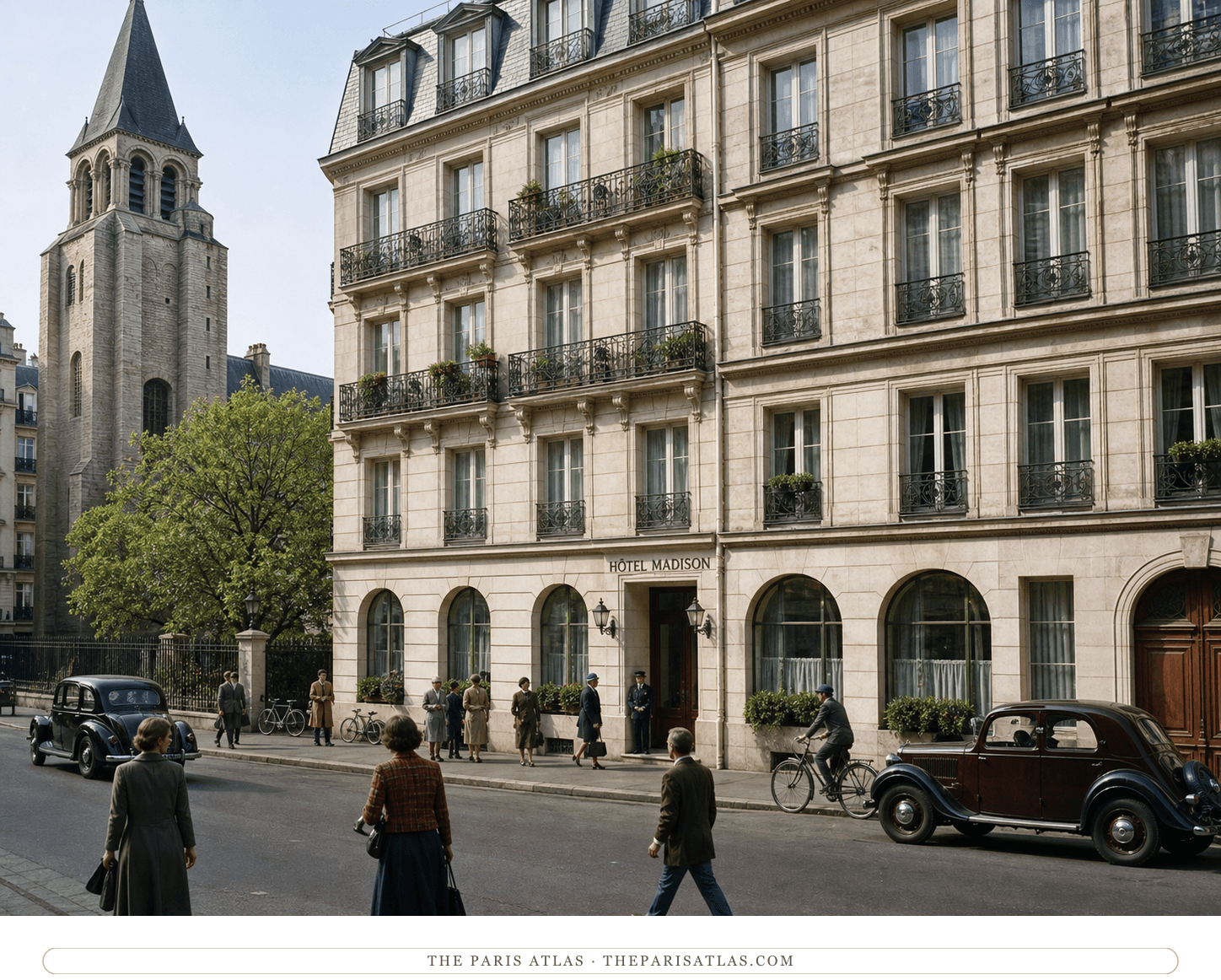 Color reconstruction of everyday civilian activity outside Hôtel Madison in June 1940