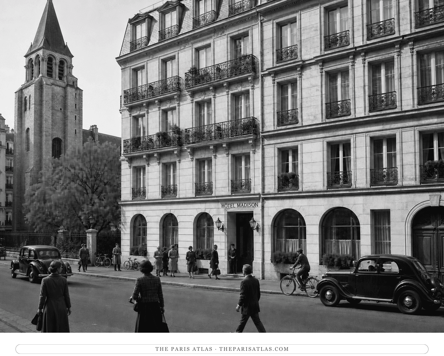 Black-and-white reconstruction of civilians, bicycles and cars outside Hôtel Madison in June 1940