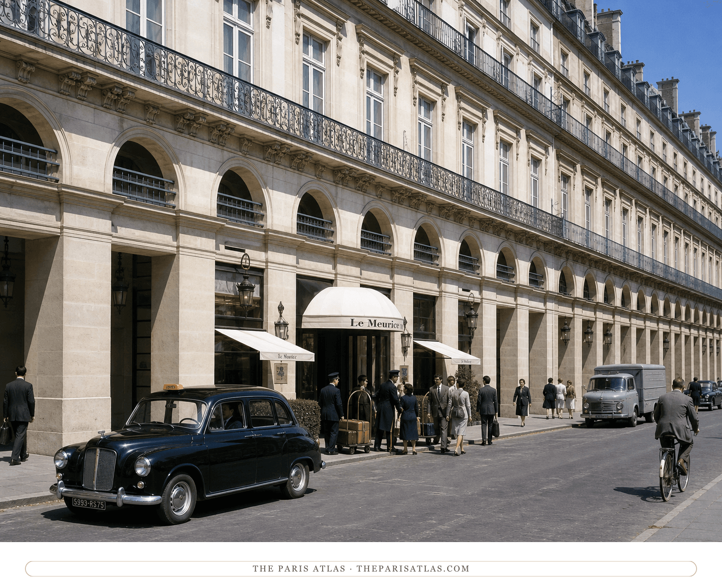 Color reconstruction of porters, guests and period traffic at Le Meurice around 1960