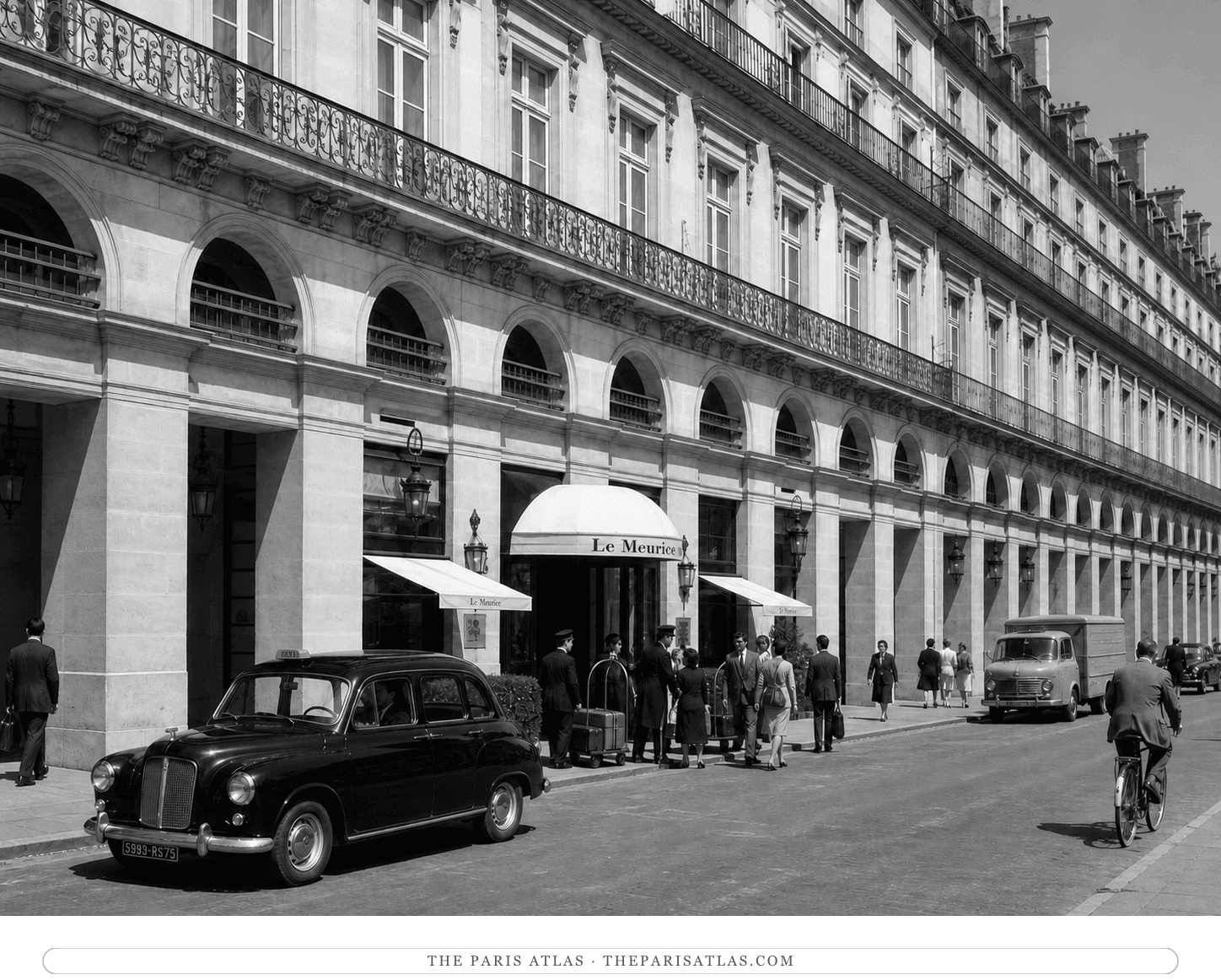 Black-and-white reconstruction of an ordinary hotel arrival at Le Meurice around 1960
