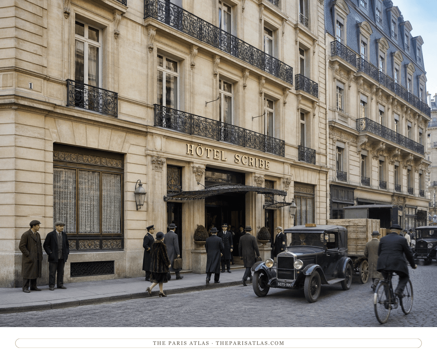 Color reconstruction of porters, guests, delivery traffic and two waiting job-seekers at Hôtel Scribe in 1929