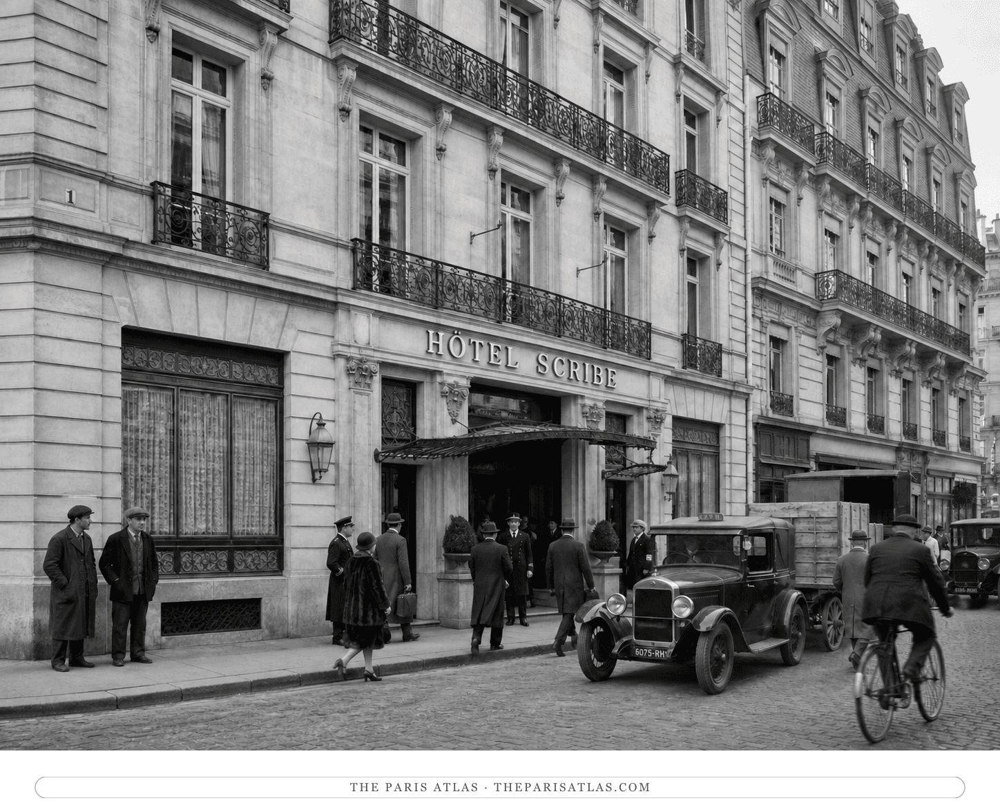 Black-and-white reconstruction of hotel traffic and two job-seekers outside Hôtel Scribe in 1929