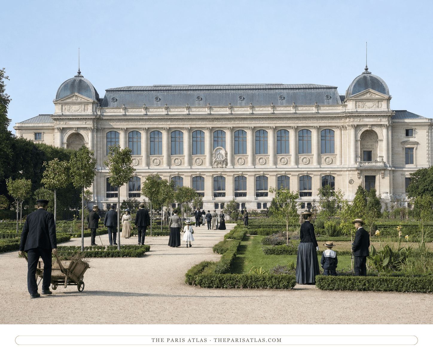 Color reconstruction of period visitors and a gardener before the Galerie de Zoologie around 1890
