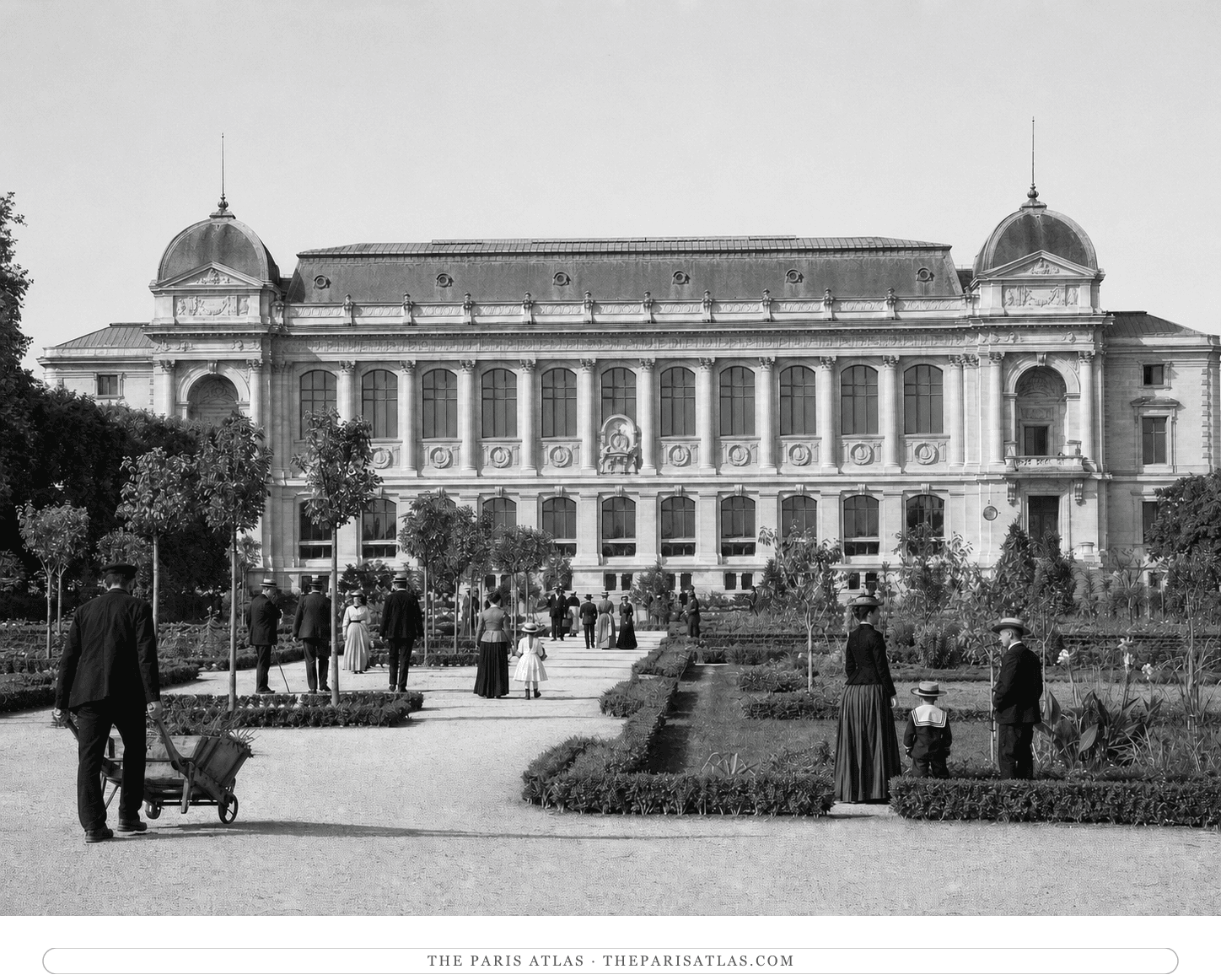 Black-and-white reconstruction of the Jardin des Plantes and newly opened Galerie de Zoologie around 1890