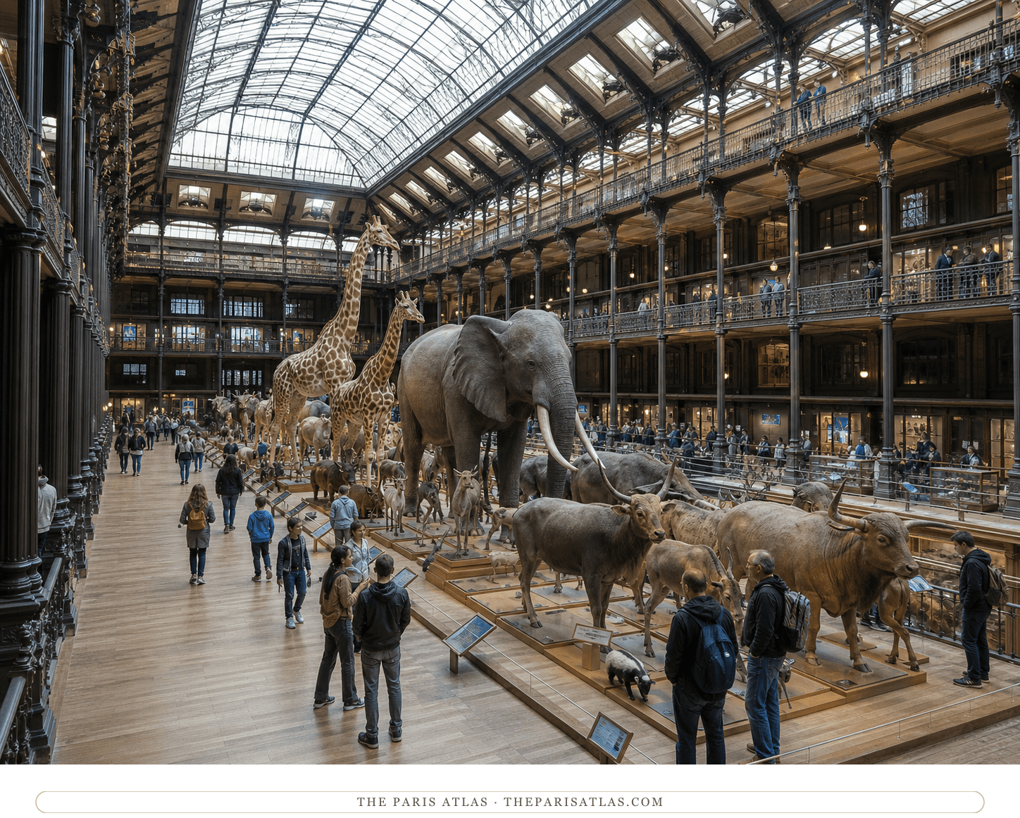 Visitors beside the central animal procession in the cast-iron Grande Galerie de l'Évolution