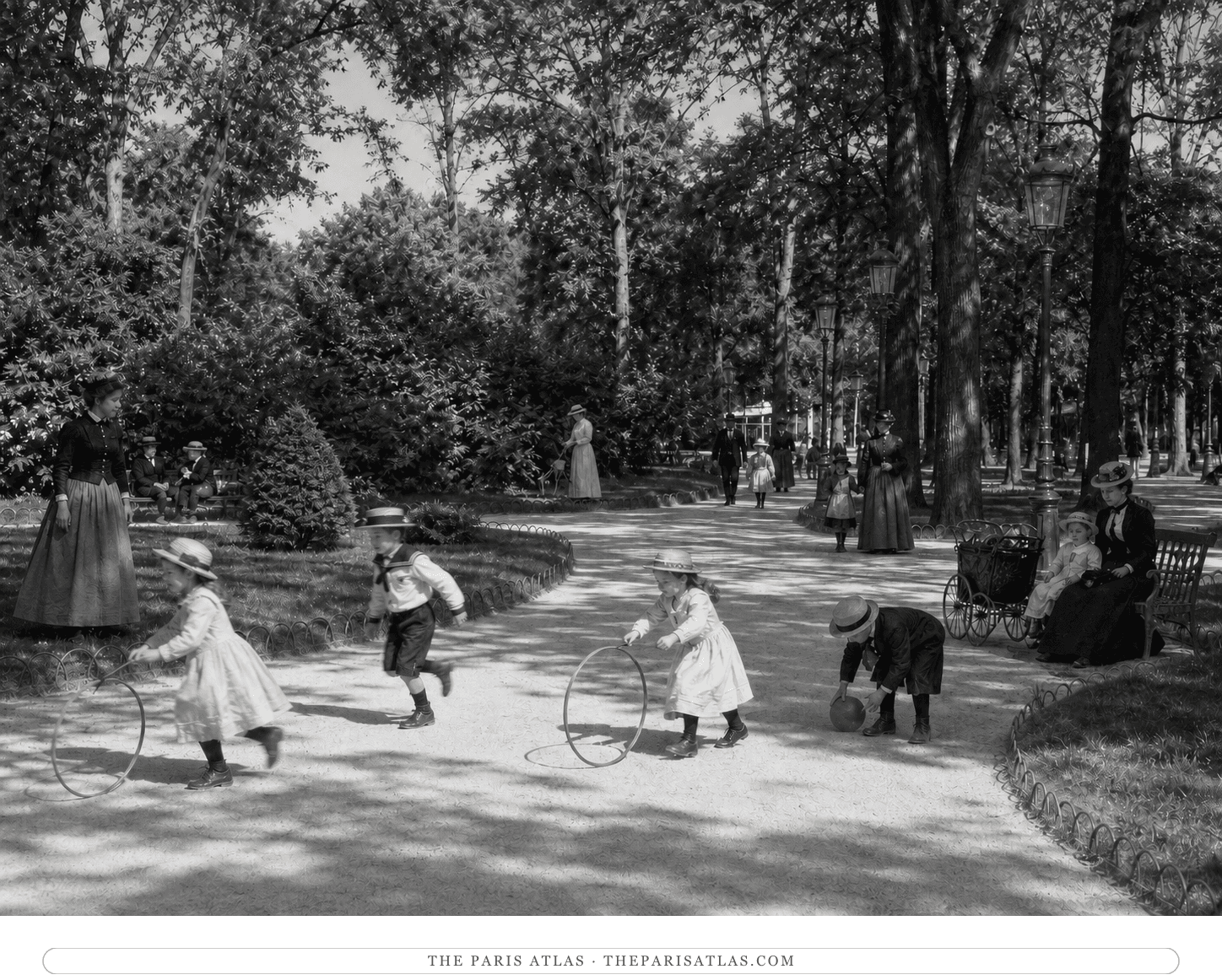 Black-and-white reconstruction of children and nursemaids in the Champs-Élysées gardens in July 1886