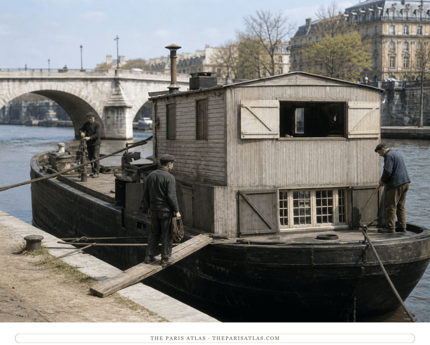 Close natural-color broadside reconstruction of La Belle Aurore's timber cabin and dark hull