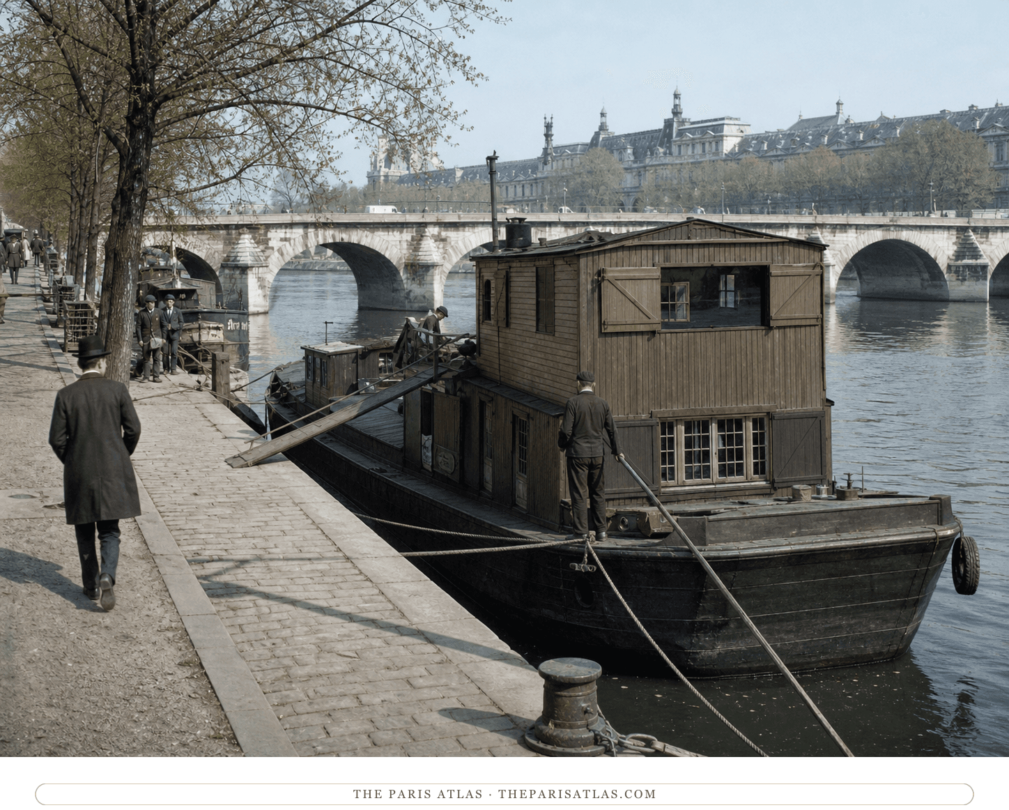 Natural-color reconstruction of the wooden houseboat La Belle Aurore beside the quay in 1938