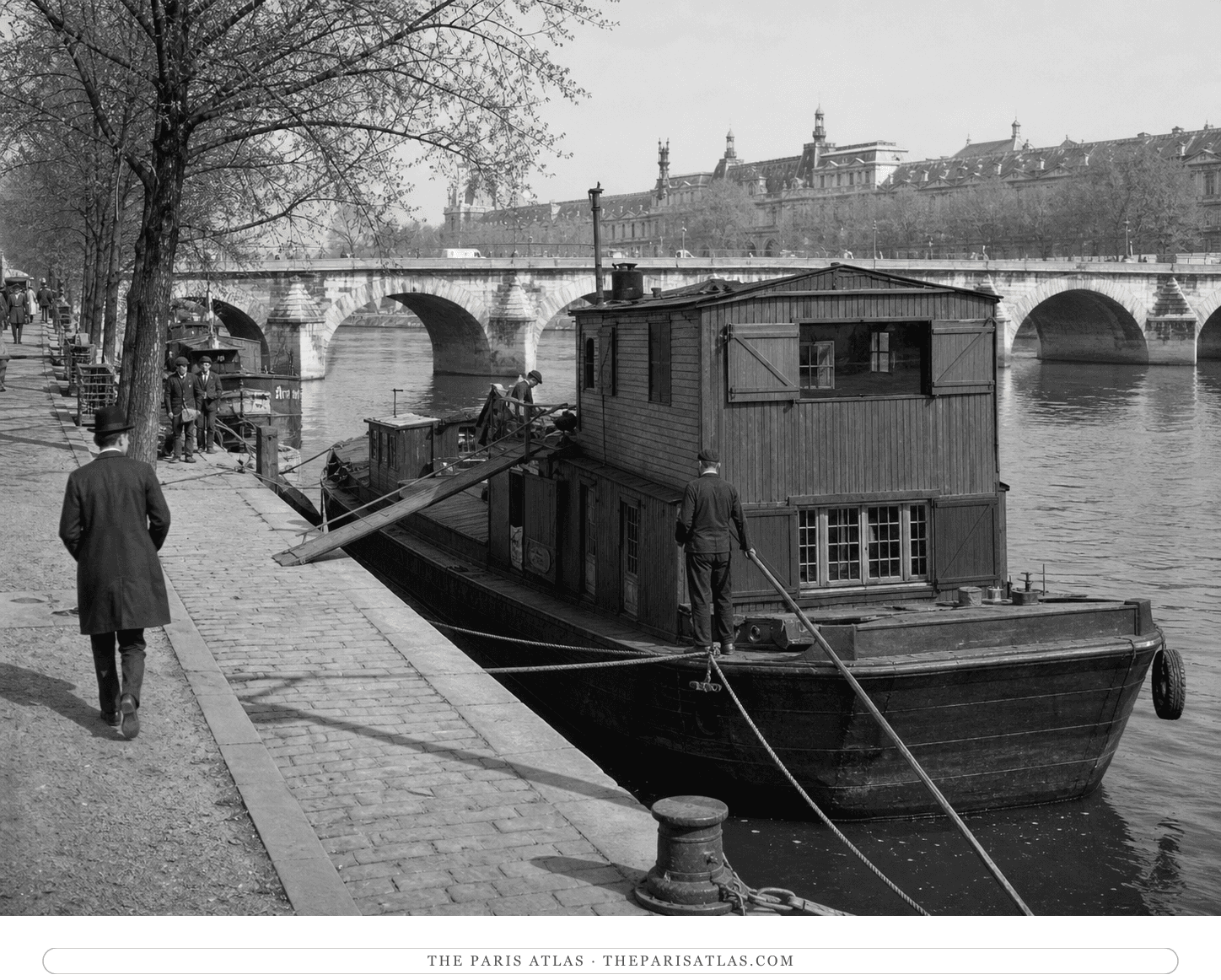 Black-and-white reconstruction of La Belle Aurore moored on the Seine in 1938