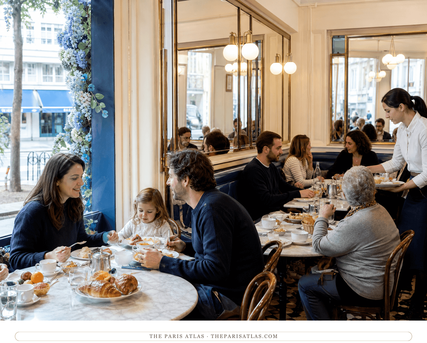 Families, friends and a server during Sunday brunch at Le Bouquet d'Alésia