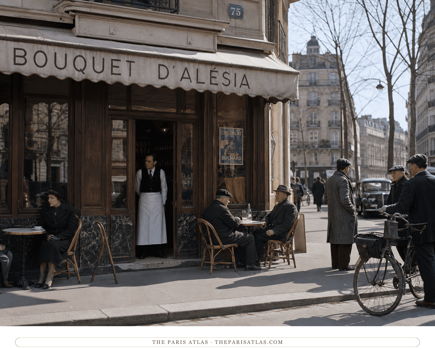 Natural-color reconstruction of patrons, waiter and bicycles outside Le Bouquet d'Alésia in 1937
