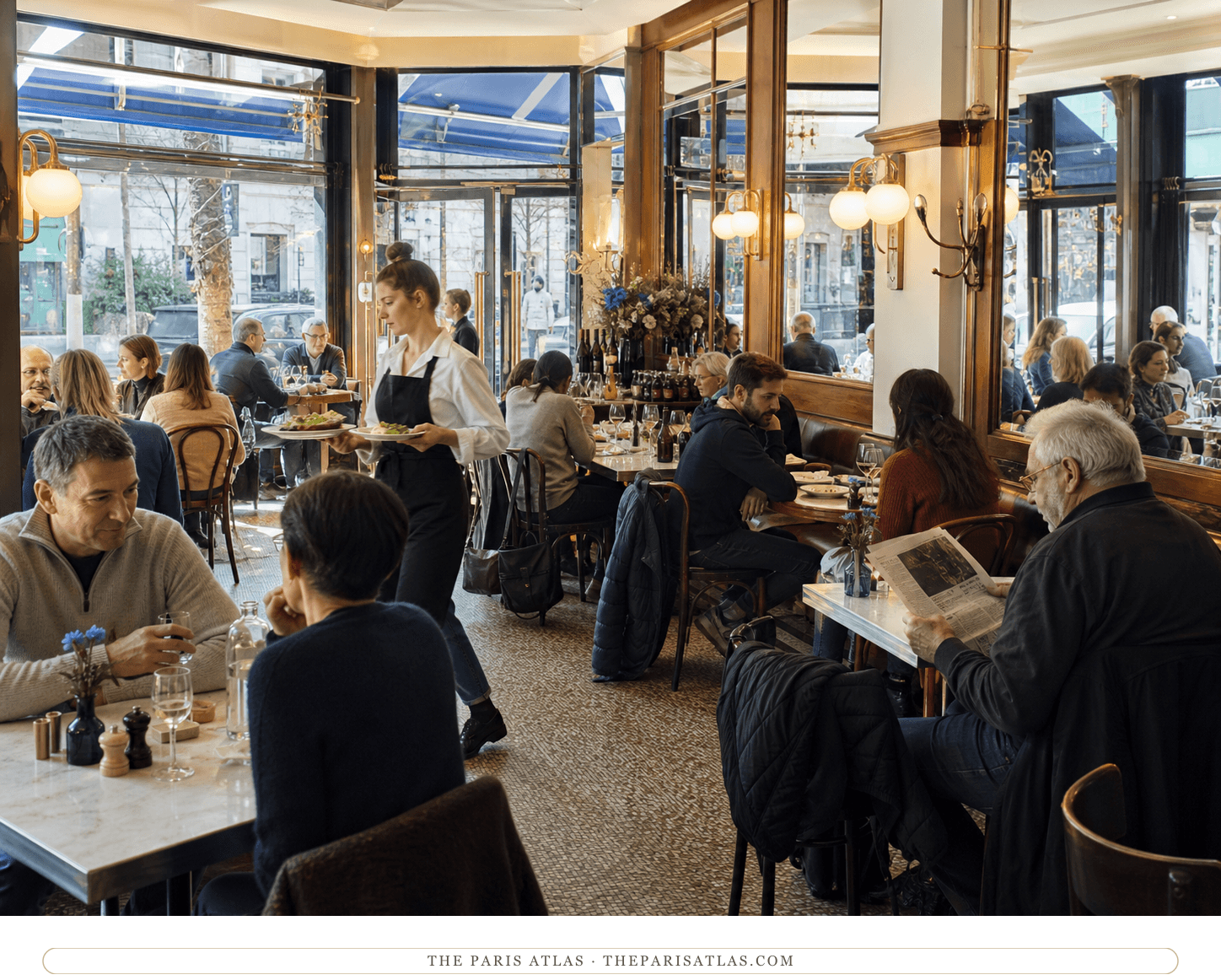 Diners and a server in Le Bouquet d'Alésia's bright main dining room