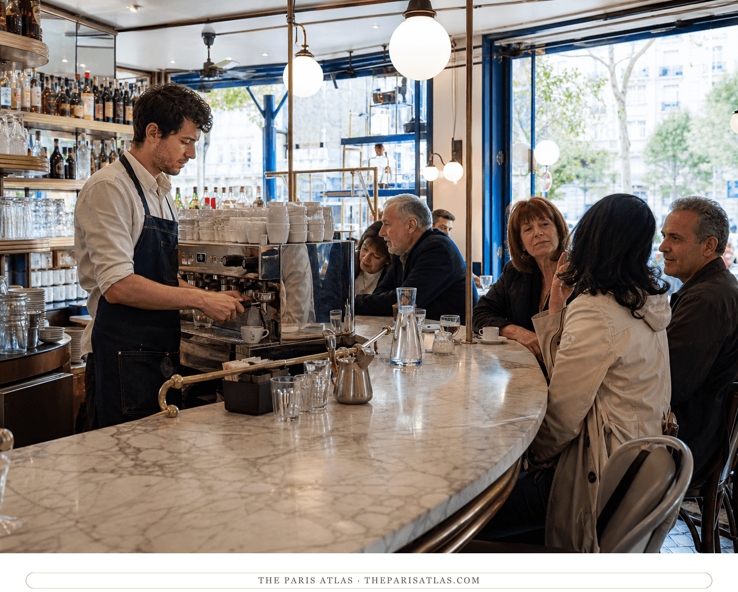 Bartender making coffee for regulars at Le Bouquet d'Alésia's marble counter