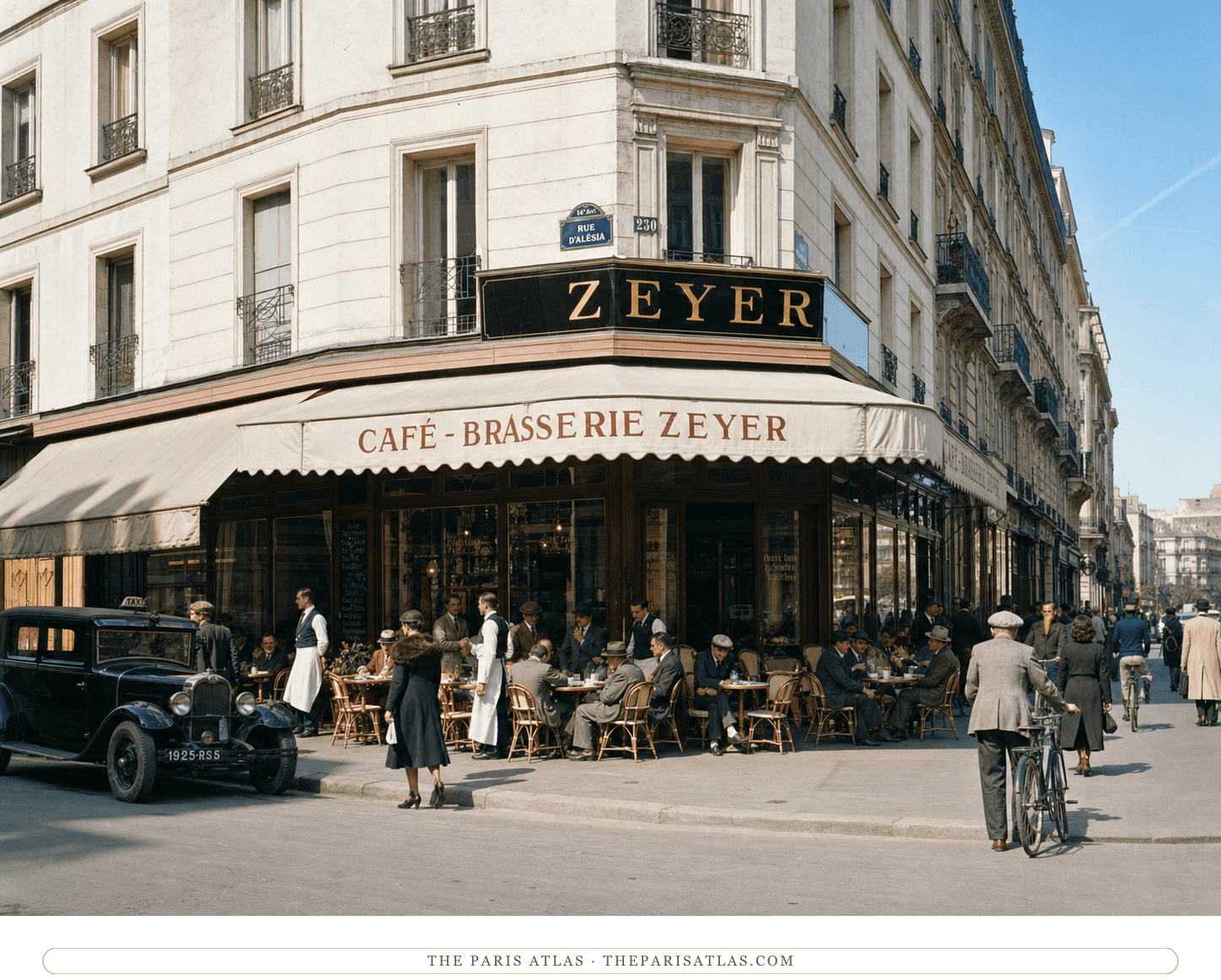 Color reconstruction of waiters, patrons and period traffic at Café Zeyer around 1933