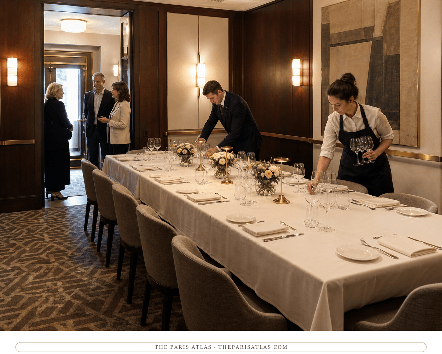 Staff setting Le Zeyer's private lounge as early guests arrive