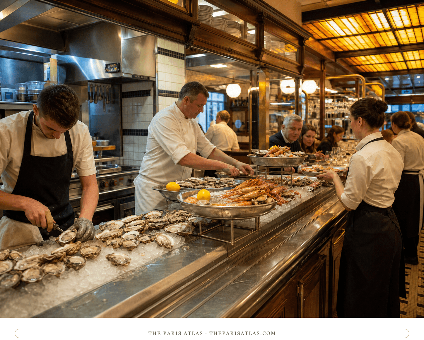 Chefs, oyster shucker and server at Le Zeyer's seafood counter